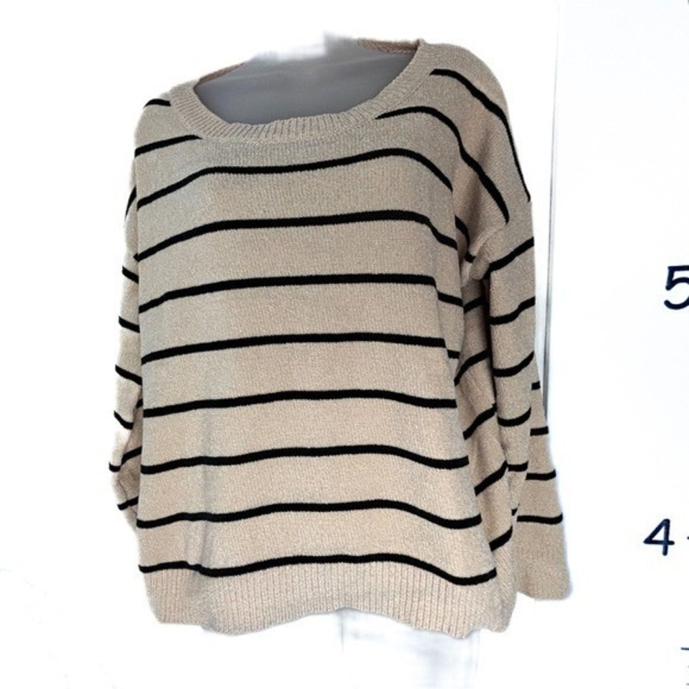 Pink Lily Beige Black Striped Crew Neck Oversized Sweater Small NWOT